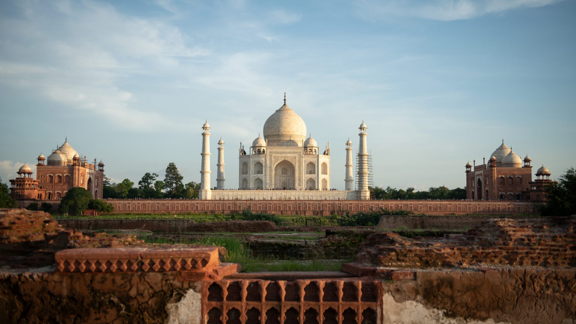 The rear view of the Taj Mahal, viewed from the opposite side of the Yamuna River in India